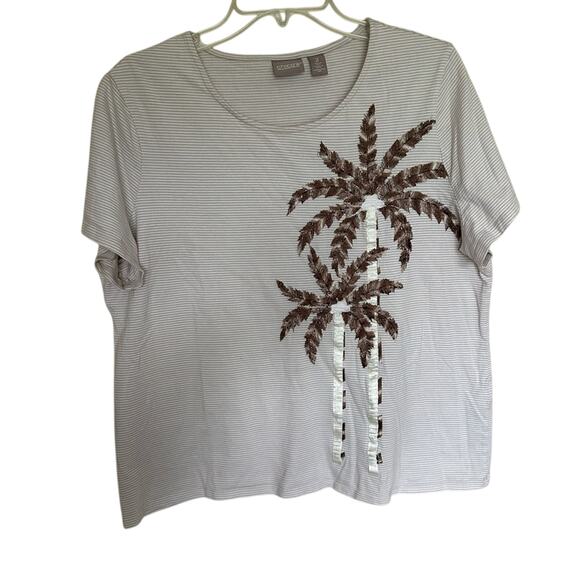 Chico’s Shirt Top Tropical Coastal Embroidery Beads Striped Tan Chico's 2 US Lg - Picture 1 of 11